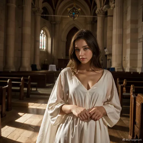 jeune femme de 25 ans, brune, professional lighting, flash lighting, in a church, portant une robe de mariée de princesse