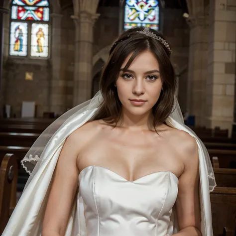 jeune femme de 25 ans, brune, professional lighting, flash lighting, in a church, wearing a class wedding dress, princess dress