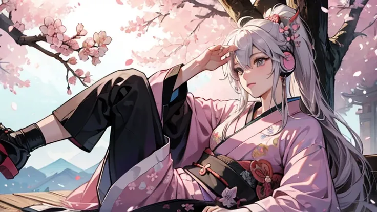 Samurai relaxing while listening to music on headphones,Full bloom cherry blossoms,Japanese anime style