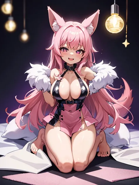 Happy young girl, with wolf ears and pink hair, holding her cheeks, wolf tail, wearing a latex dress, looking at veiwer, full body, you can see her chest, naked breasts