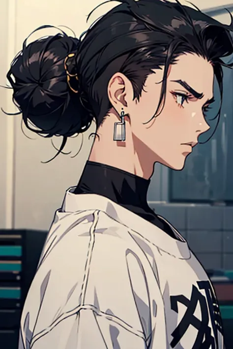 man gradient anime young black hair with low bun shaved sides turns hair to the left side in the middle serious face with black earrings sweatshirt