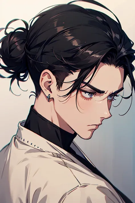 man gradient anime young black hair with low bun shaved sides turns hair to the left side in the middle serious face with black earrings sweatshirt