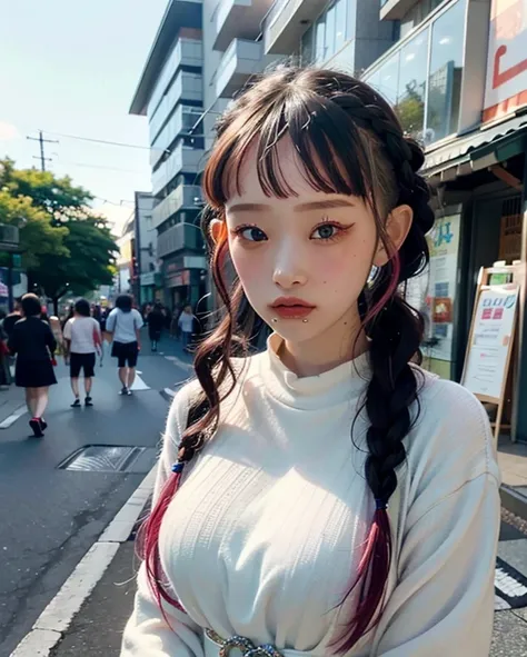 portraiture, bokeh , next, braid, colorful hair, tokyo, 
a woman posing on the street corner, highest quality, high resolution, ...