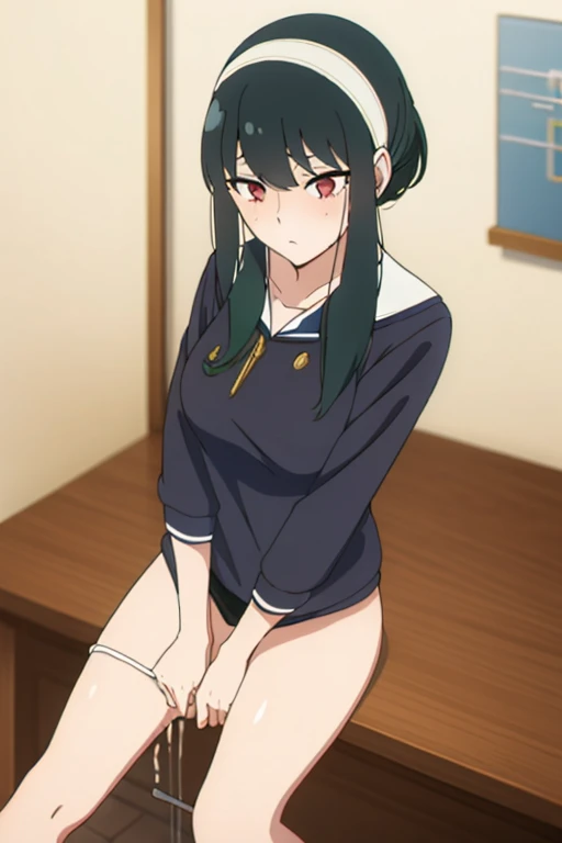 (masterpiece, highest quality: 1.2), alone, 1 girl, alone, panties，，black，string panties，Sailor suit，your heather, View your viewers, Long black hair, head band, Earrings, Big Breasts, Medium Waist, Medium Hips, wide thighs, Embarrassing, charm, Good move....