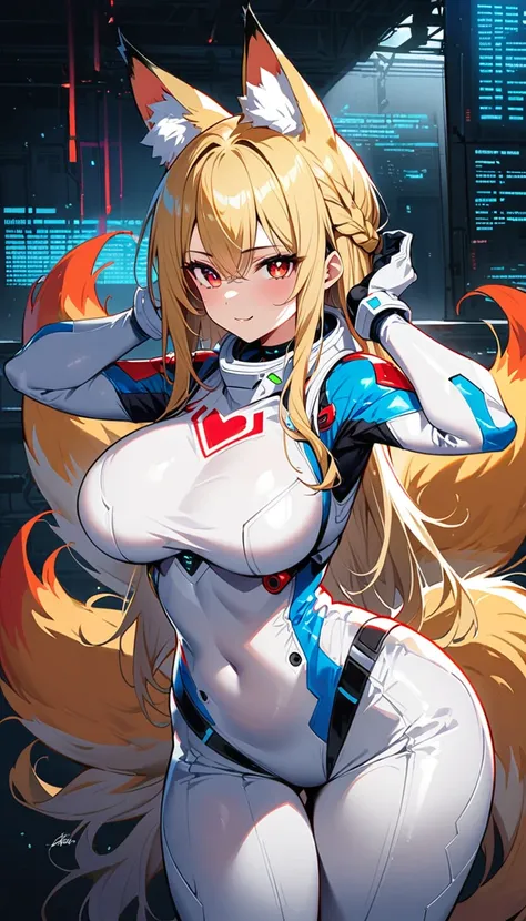 blonde hair, french braid, hair behind ear, hime cut, very long hair, heart-shaped pupils, animal ears, fox ears,"long orange fox ears with black tips", covering ears, kemonomimi mode, seductive smile,tail emanating(9 tails fox),huge , large hips,fully clo...