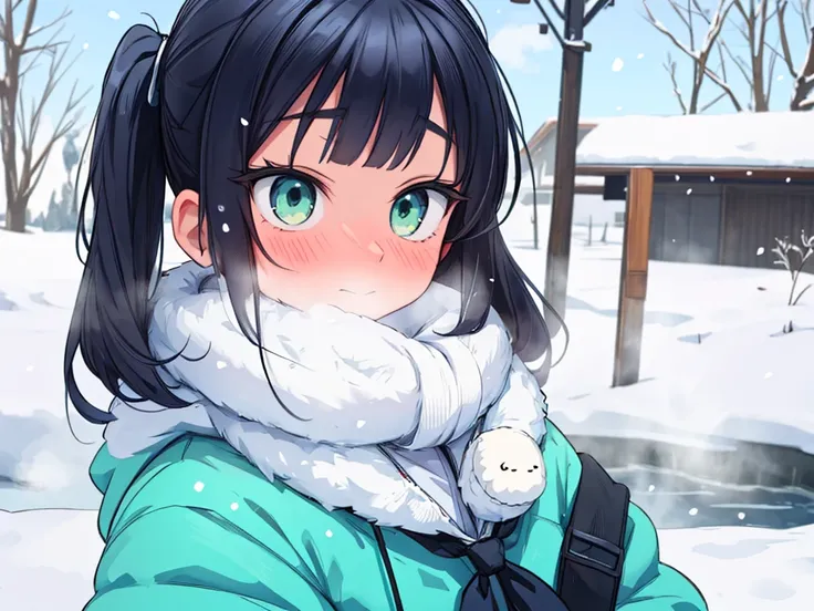 {best quality}, {very aesthetic}, {ultra-detailed}, {best illustration}, girl,park, darkblue hair,twin tail,huge breasts,Outdoor,((Embarrassed)),((winter服 歳学校制服)),winter,Snow Scene,blazer,Scarf,,((white breathing)),,tights,,glove,((((extreme face close up)...