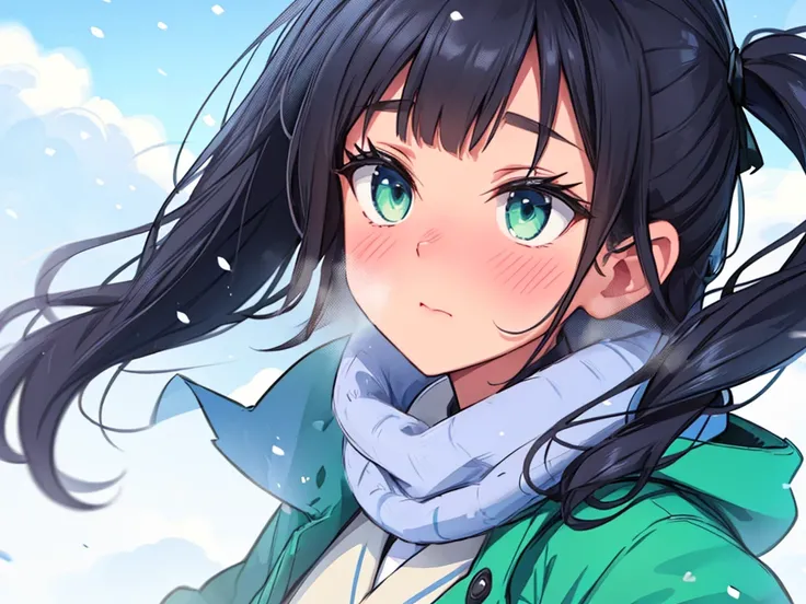 {best quality}, {very aesthetic}, {ultra-detailed}, {best illustration}, girl,park, darkblue hair,twin tail,huge breasts,Outdoor,((Embarrassed)),((winter服 歳学校制服)),winter,Snow Scene,blazer,Scarf,,((white breathing)),,tights,,glove,((((extreme face close up)...