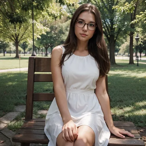 Beautiful, brown haired, woman, perfect face, wearing black regular glasses, sitting in a beautiful park, wearing a white dress