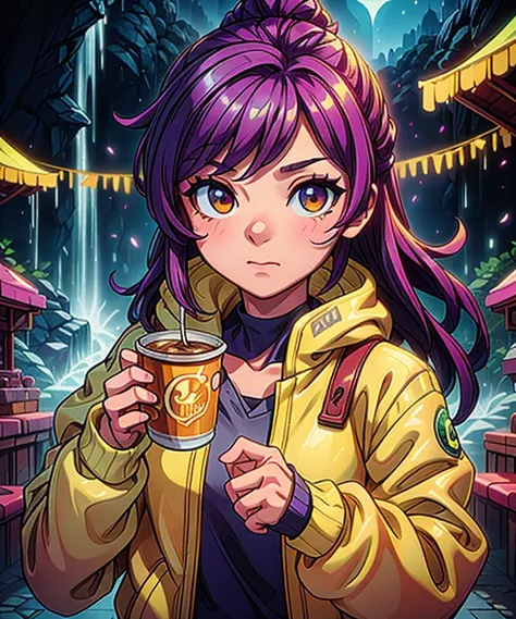 a woman in a yellow jacket holding a cup of coffee, extremely detailed artgerm, anime girl drinks energy drink, senna from leagu...