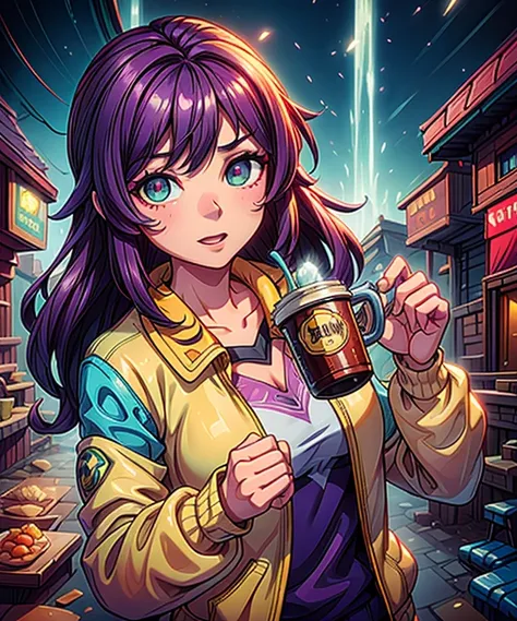 a woman in a yellow jacket holding a cup of coffee, extremely detailed artgerm, anime girl drinks energy drink, senna from leagu...