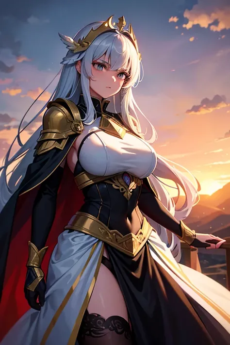 At the top of a steep hill, against the twilight horizon, an imposing figure stands with majesty. A woman, wearing full armor, stands at the highest point of the terrain, gazing determinedly into the valley below. Her helmet is adorned with intricate detai...