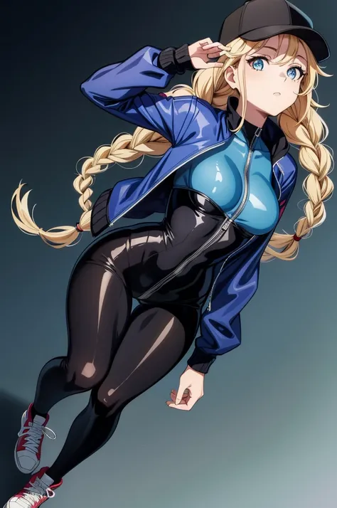 the woman is on the right side, looking to the left and behind the camera, 1girl, blue eyes, solo, hat, blonde hair, twin braids, looking at viewer, braid, baseball cap, jacket, breasts, black bodysuit, bodysuit, long hair, black headwear, open clothes, fr...