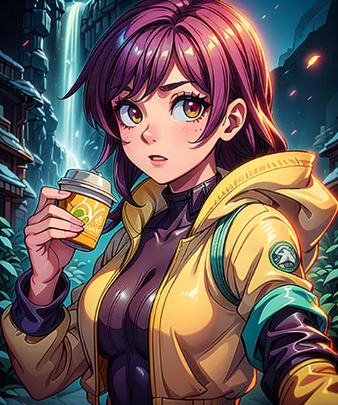 a woman in a yellow jacket holding a cup of coffee, extremely detailed artgerm, anime girl drinks energy drink, senna from league of legends, lovely brigitte from overwatch, brigitte from overwatch, ruan jia and artgerm, trending artgerm, faye valentine, l...