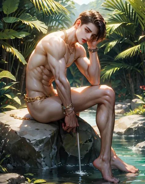 HD quality, high definition, couple sex, male 18 years old handsome, muscular and slim, red lips, leaning against the rock naked with exposed penis crotch, holding spear, model with bracelets, earrings and Necklace, wearing vest, with sunglasses, fully nud...