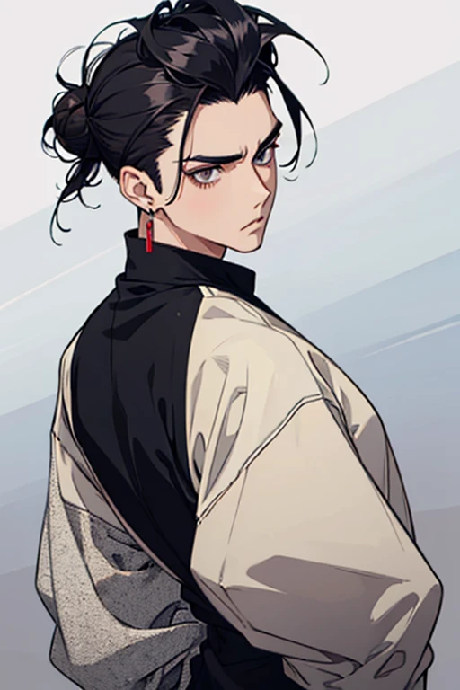 man gradient anime young black hair with low bun shaved sides turns hair to the left side in the middle serious face with black earrings sweatshirt