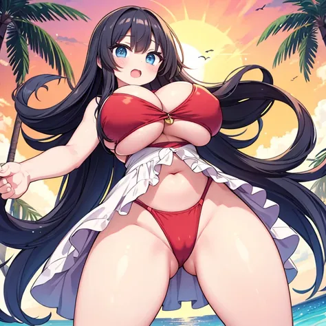 An Extremely Busty Excessively Plump Girl, ((Excessively Exaggerated, Absurdly Enormous, Ridiculously Big Boobs)), ((Ultra-Massive, Mega-Huge Anime Thighs)), Long Brunette hair, Beautiful Blue eyes, on the beach, sunset, wearing a Red Bikini, happy, anime ...