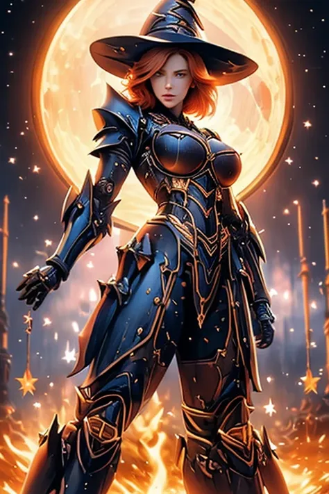 witch, redhead, short hair, big breasted, spell casting pose, power armor