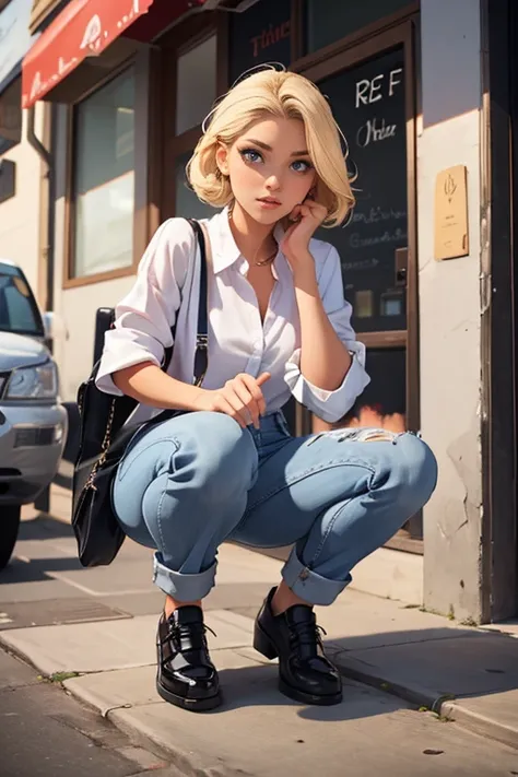 A girl with bags under the eyes and blonde hair is wearing a white shirt, purple pants, and black shoes.