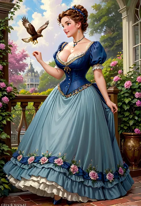 A beautiful Aristacat woman with large elegant, hawk-like-nose, who embodies old fashioned class, sophistication, elgance as well as wholesome, natural beauty. curvy, thin-waist, wide-hips, swaying-hips. Oppulent historically accurate  victorian dress. Gre...