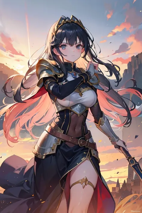 At the top of a steep hill, against the twilight horizon, an imposing figure stands with majesty. A woman, wearing full armor, stands at the highest point of the terrain, gazing determinedly into the valley below. Her helmet is adorned with intricate detai...