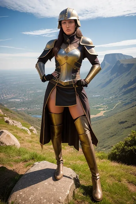 At the top of a steep hill, against the twilight horizon, an imposing figure stands with majesty. A woman, wearing full armor, stands at the highest point of the terrain, gazing determinedly into the valley below. Her helmet is adorned with intricate detai...