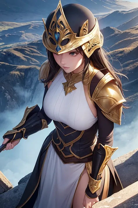 At the top of a steep hill, against the twilight horizon, an imposing figure stands with majesty. A woman, wearing full armor, stands at the highest point of the terrain, gazing determinedly into the valley below. Her helmet is adorned with intricate detai...