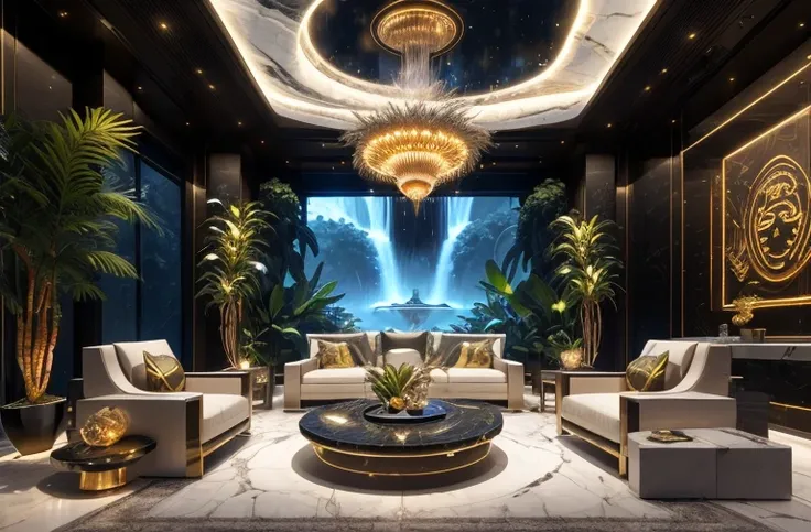 incredible luxurious futuristic living room interior in Ancient Egyptian style with many ((lush plants)) (lotus flowers), ((palm trees)), rocky walls, (sand), ((waterfalls)) (marble), ((precious minerals)), ((metals)), (gemstones), crystals, clouds and ((w...