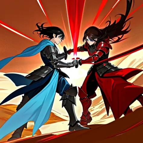 Male black haired person in full red battle armor, They have a red sword, they are fighting another male person with blue eyes and clothing and brown hair, the other person also has a blue sword, they are fighting in a desert, 