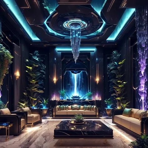 incredible luxurious futuristic living room interior in Ancient Egyptian style with many ((lush plants)) (lotus flowers), rocky walls, (sand), ((waterfalls)) (marble), ((precious minerals)), ((metals)), (gemstones), crystals, clouds and ((water)), ((futuri...