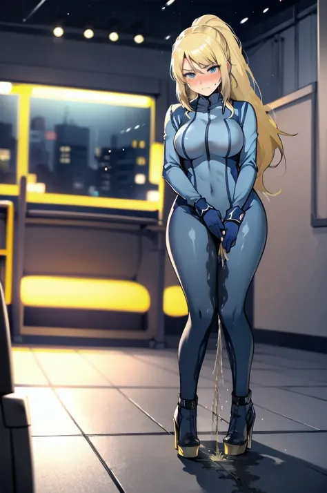 samus aran, (facing viewer:1.25), ponytail, large breasts, hair tie, blue gloves, blue bodysuit, high heels, (standing straight:2.0), peeing herself, wetting herself, very large peeing stain, huge pee stain, best quality, ultra-detailed, HDR, studio lighti...