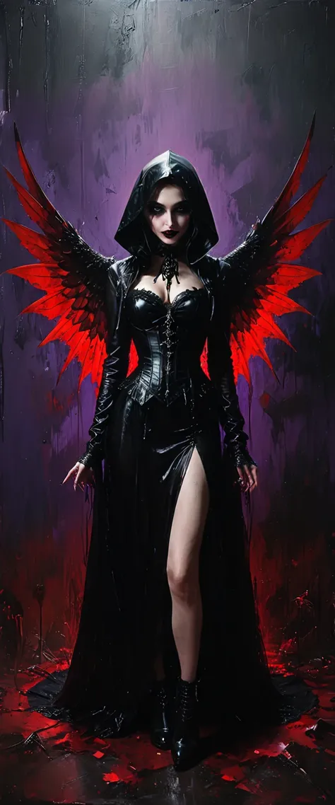 general full body shot: 1.5, (((night, darkness, beautiful winged woman dressed in black gothic style:1.7))) hood, opens her mouth showing her teeth with fangs:1., red and black back ground, optical, Panoramic lighting, atmospheric perspective, night, dark...