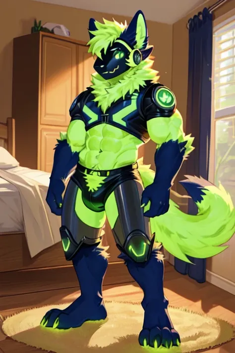 Protogen, (white fur with some green strands of fur), bedroom, happy, male, 8 foot 0, standing, looking at viewer, muscular, naked, smile, green cock, green glowing balls, cum