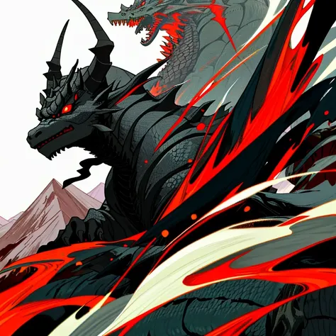 A black dragon wrapped around a mountain, the dragon has red eyes