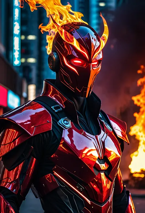 un homme aux yeux brillants et un costume rouge debout devant un feu, fond incroyable, Torche humaine, veines rouges brillantes, puissance rayonnante, image d&#39;avatar, veines rouges brillantes, veines brillantes et brillantes, costume de flamme cyberpun...