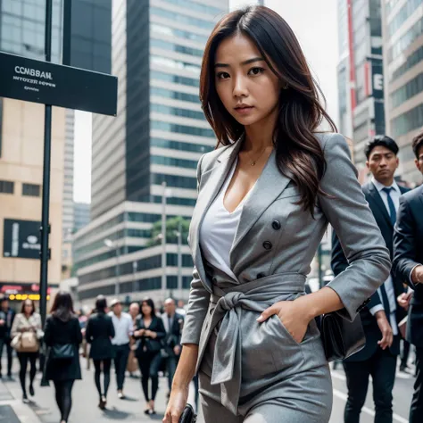 "(best quality,highres:1.2),ultra-detailed,realistic,professional,portrait,city street,concrete buildings,bustling crowd,modern urban landscape,Asian business woman,classy outfit,waist length hair,detailed facial features,disdainful expression,people stopp...