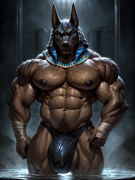 screwed up: Muscular black Anubis wearing bandages. 4K, A high resolution, Best quality, perfect colors, perfect shadow, perfect lightning, posted on e621, hairy bodies, Alone, anubian jackal, older male, black tight speedos ( huge bulge :1.4), (Muscular, ...