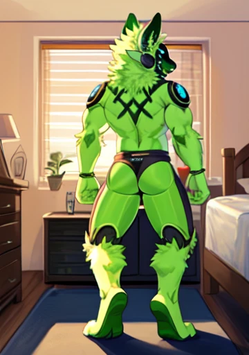 Protogen, (white fur with some green strands of fur) , bedroom, happy, male, 8 foot 0, standing, looking at viewer, muscular, (big ass), back view, naked, pulling down green glowing underwear, green glowing balls, bending over,