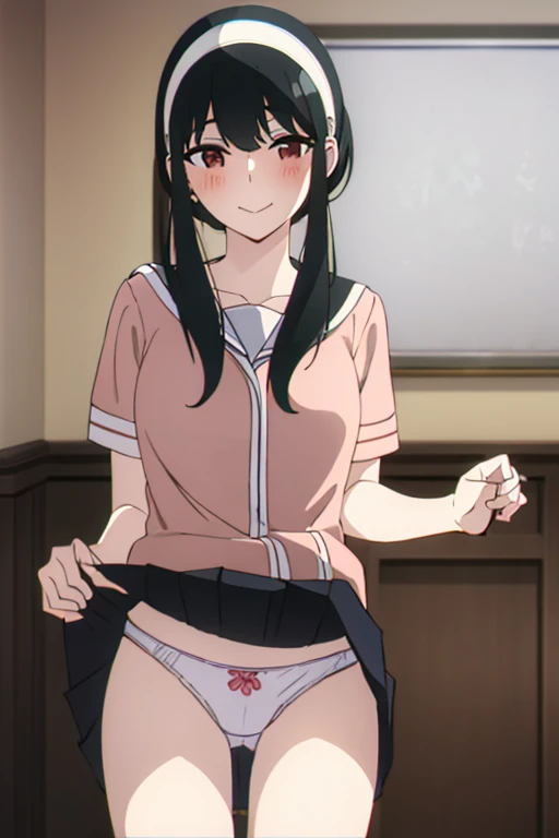 (masterpiece, highest quality: 1.2), alone, 1 girl, alone, ，，((Cotton panties with crotch))，blush，Sailor suit，your heather, smile, Mouth closed, View your viewers, Long black hair, head band, Earrings, Big Breasts, Medium Waist, Medium Hips, wide thighs, E...