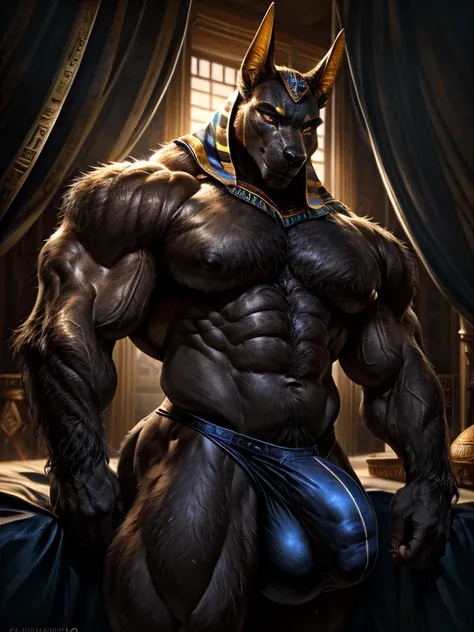 screwed up: Muscular black Anubis. 4K, A high resolution, Best quality, perfect colors, perfect shadow, perfect lightning, posted on e621, hairy bodies, Alone, anubian jackal, older male, black tight speedos ( huge bulge :1.4), (Muscular, big muscle mass:1...