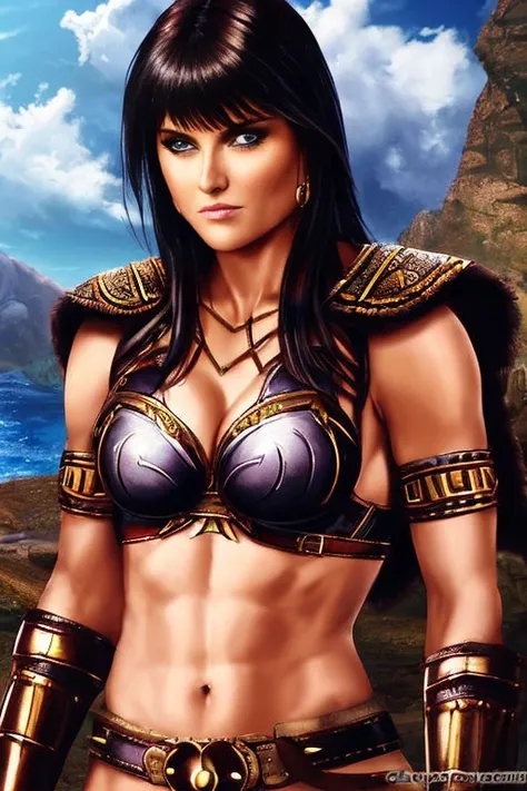 score_9, score_8_up, score_7_up, score_6_up, score_5_up, 1girl, Lucy Lawless, Xena: Warrior Princess, leather brown armor, exposed midriff, black hair, blue eyes, (insanely detailed, beautiful detailed face, masterpiece, best quality) 