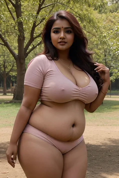 Indian bhojpuri actresses Amrapali Dubey (masterpiece), (best quality), (ultra detailed), 1girl, chubby, sexy pose, blush,medium breasts, casual clothes, happy, looking at viewer, very long hair, brown hair, in the park with trees, shy, cleavage,fatty boy,...