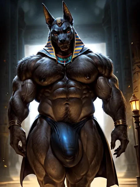 screwed up: Muscular black Anubis walking forward in a half-worn golden robe. 4K, A high resolution, Best quality, perfect colors, perfect shadow, perfect lightning, posted on e621, hairy bodies, Alone, anubian jackal, older male, black tight speedos ( hug...