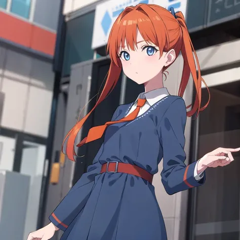 Orange hair, gray blue dress uniform, tie red,  blue eyes