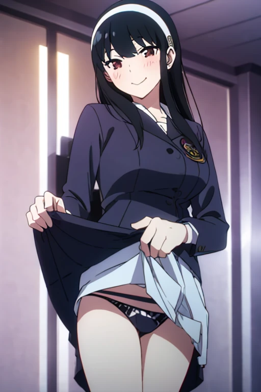 (masterpiece, highest quality: 1.2), alone, 1 girl, alone, panties，，blush，Sailor suit，blazer，your heather, smile, Mouth closed, View your viewers, Long black hair, head band,  Earrings, Big Breasts, Medium Waist, Medium Hips, wide thighs, Embarrassing, Cha...