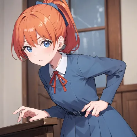 Orange hair, gray blue dress uniform, fit red,  blue eyes