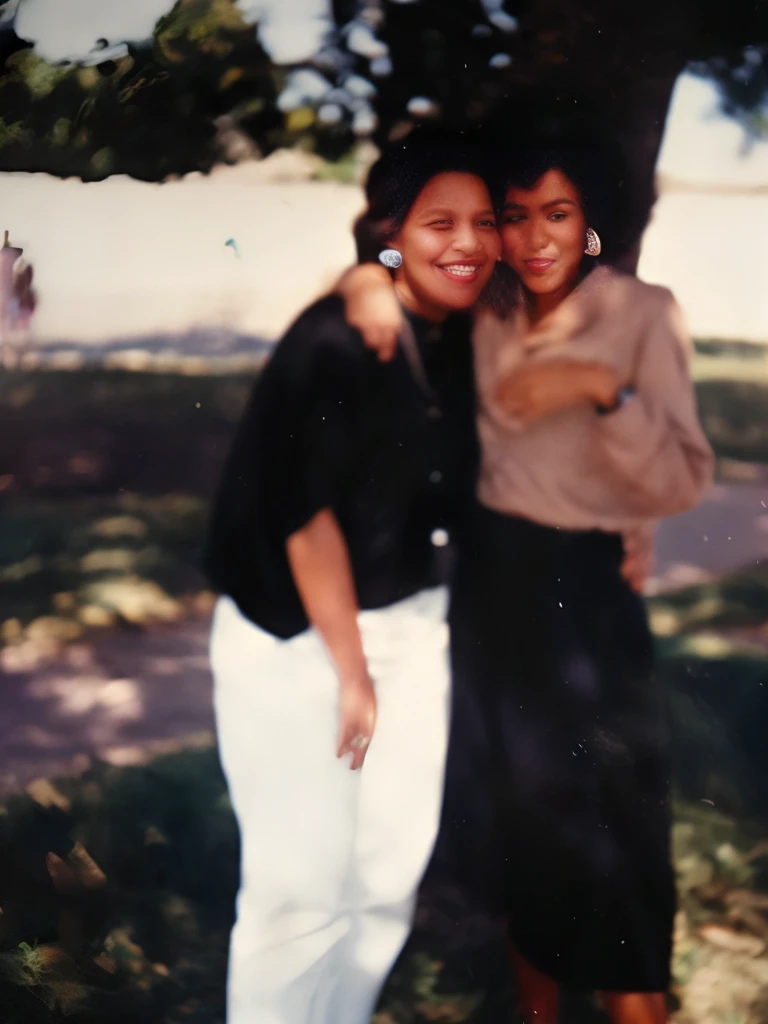 Two women hugging each other smiling, there is a woman in white pants, there is another woman wearing a long black skirt.