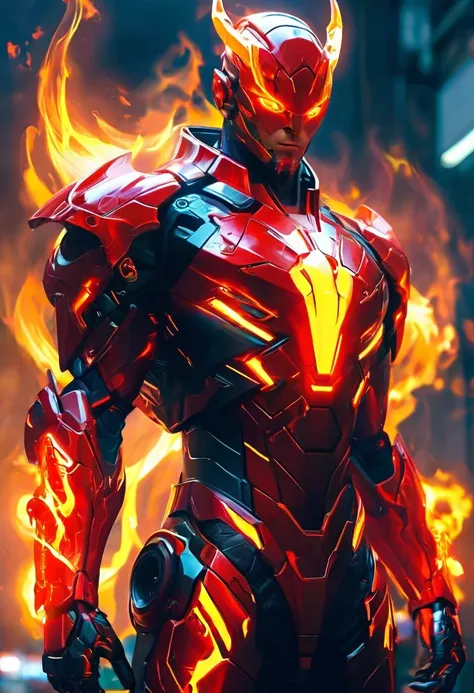 a man with glowing eyes and a red suit standing in front of a fire, incredible background, Human Torch, glowing red veins, radiant power, avatar image, glowing red veins, glowing and glowing veins, cyberpunk flame suit, 8 k very detailed ❤🔥 🔥 💀 🤖 🚀, glowin...