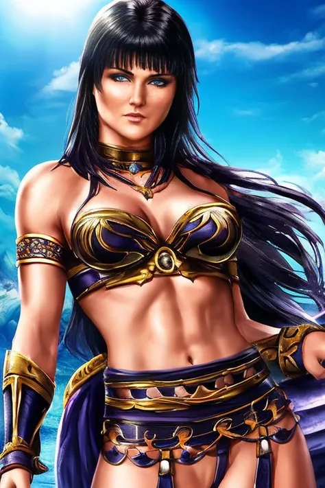 score_9, score_8_up, score_7_up, score_6_up, score_5_up, 1girl, Lucy Lawless, Xena: Warrior Princess, exposed midriff, black hair, blue eyes, (insanely detailed, beautiful detailed face, masterpiece, best quality) 