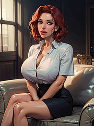 ((Best quality, 8k, Masterpiece :1.3)), pretty woman, 1girl, saggy breasts :1.2,  lustful, dark brown hair, (sitting on couch, crossed legs, skirt :1.1), ultra-detailed face, detailed lips, detailed eyes, double eyelid, wide hips, (plump:1.3), curly hair, ...