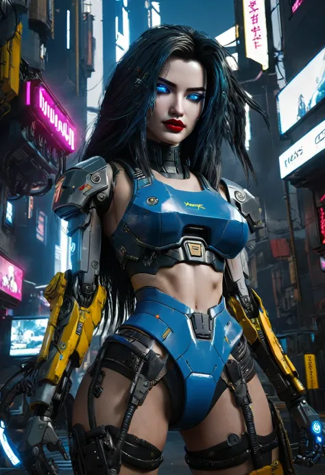 hyper realistic photo realism cg 8k mecha cyberpunk 2077, perfect face, thin curved eyebrows, eyeliner, dark eye shadow, vibrant...